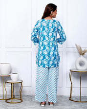 Blue Cotton Botanical Printed Kurta With Pant