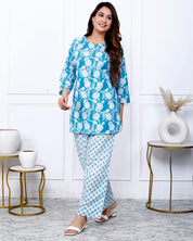 Blue Cotton Botanical Printed Kurta With Pant