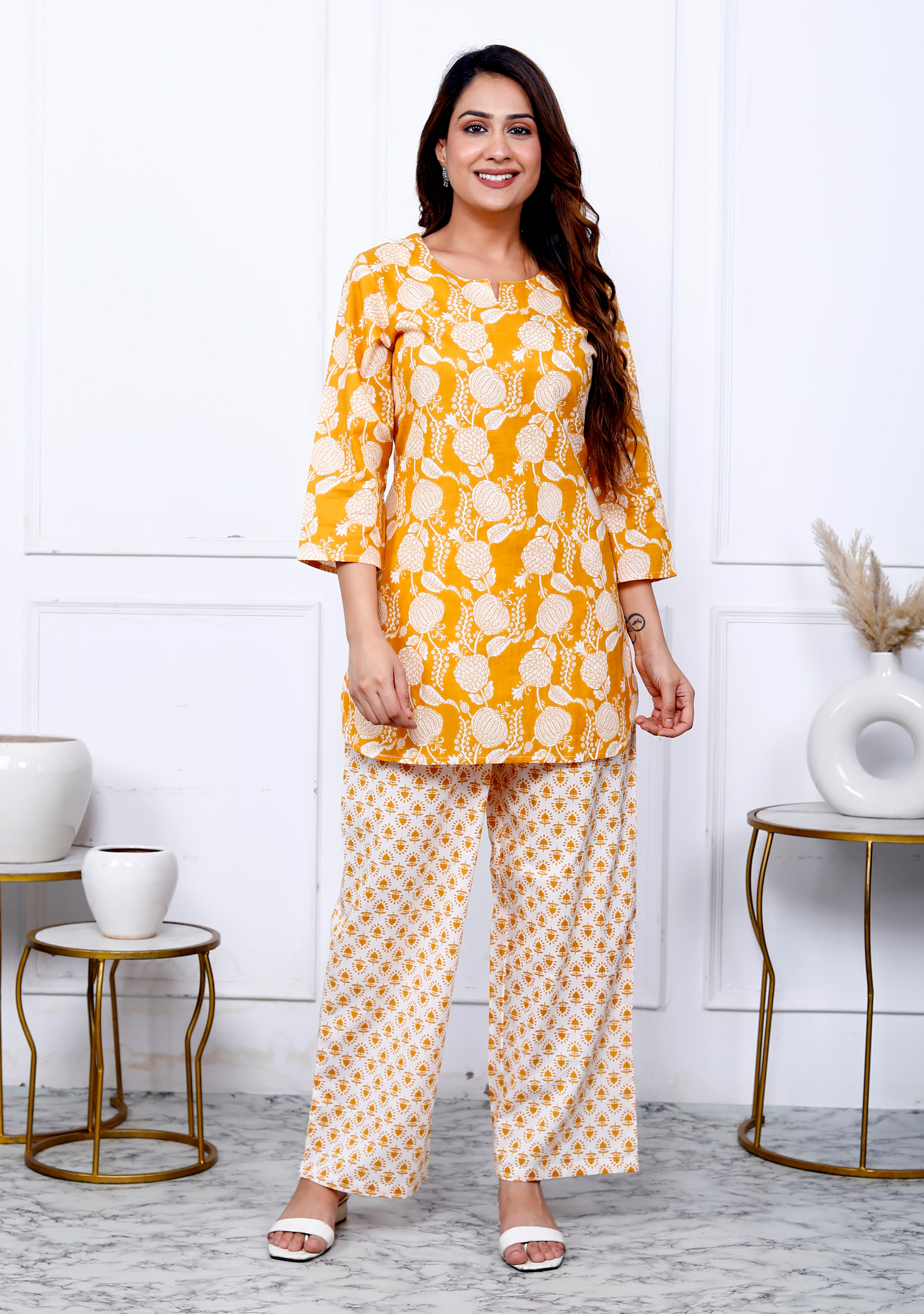 Mustard Cotton Botanical Printed Kurta With Pant