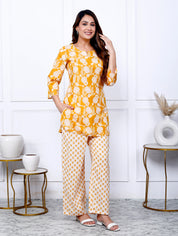 Mustard Cotton Botanical Printed Kurta With Pant