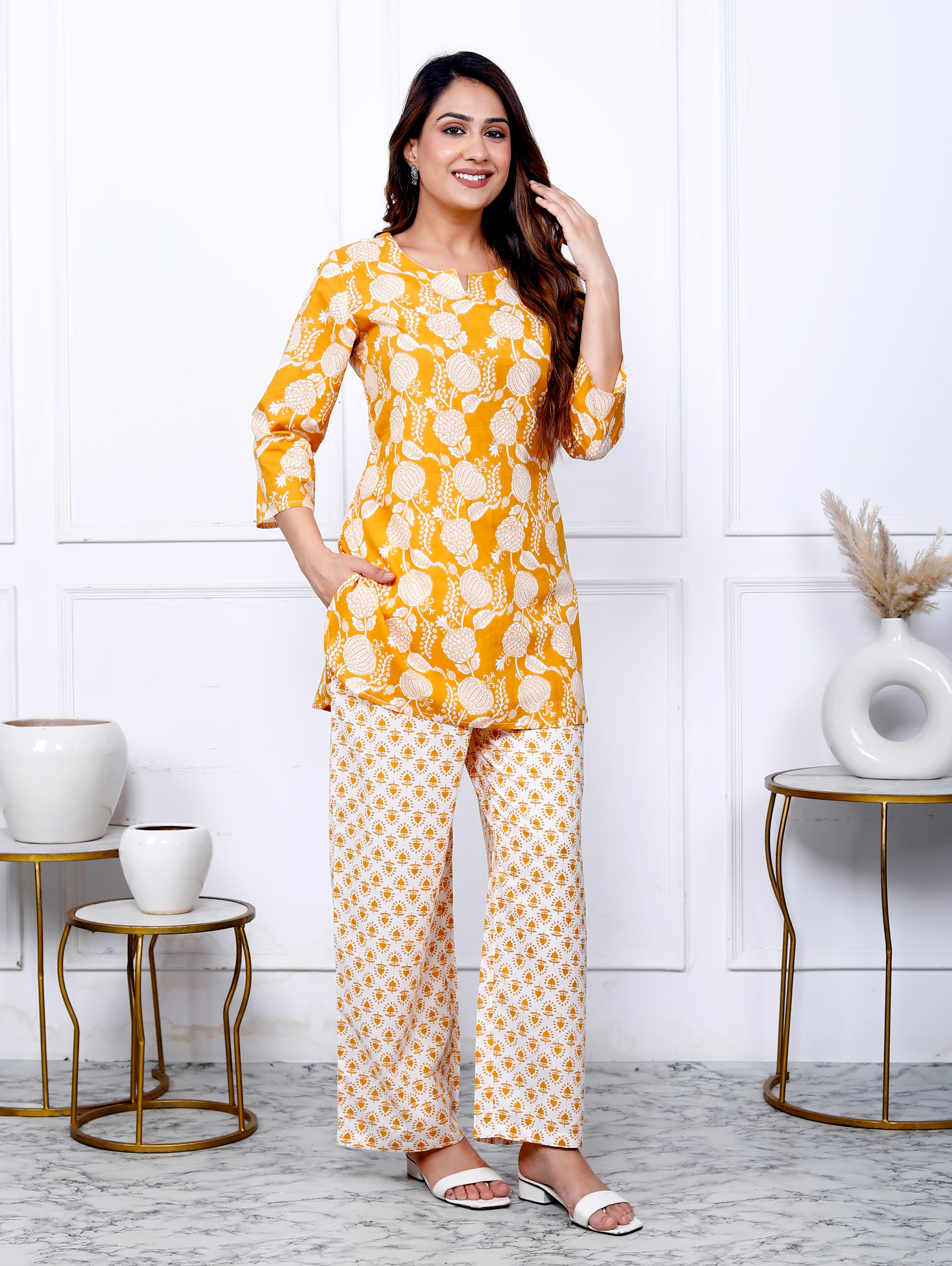 Mustard Cotton Botanical Printed Kurta With Pant