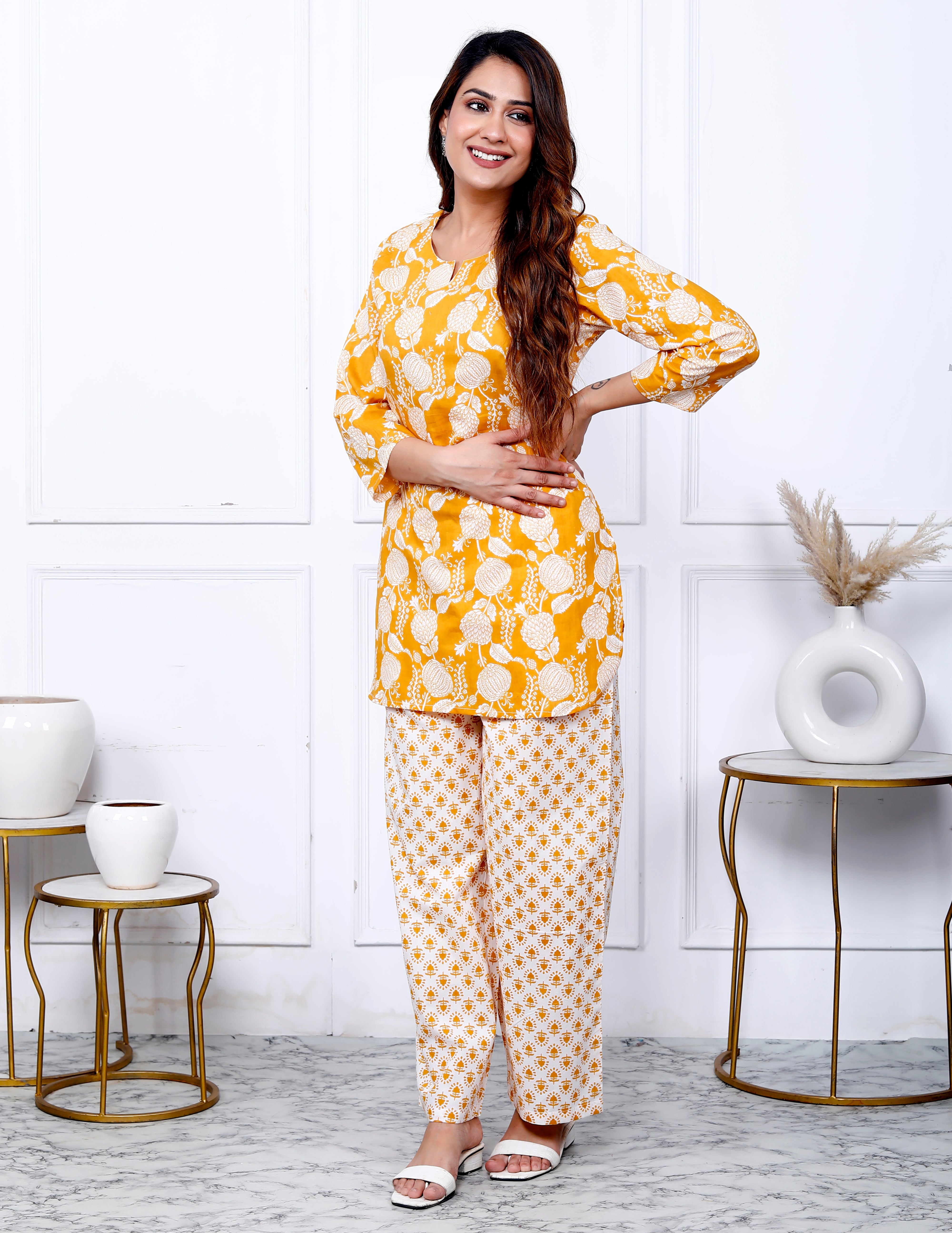 Mustard Cotton Botanical Printed Kurta With Pant