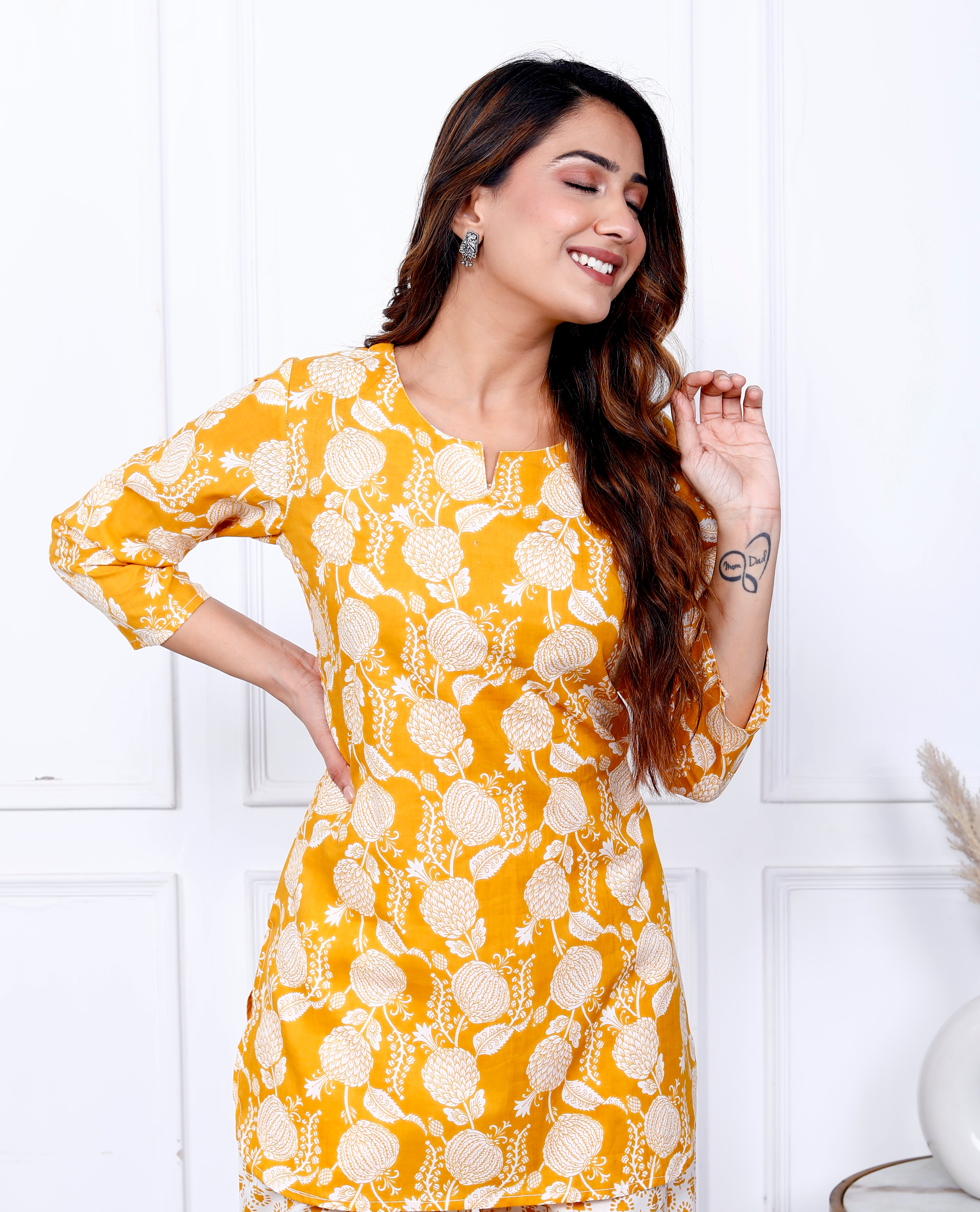 Mustard Cotton Botanical Printed Kurta With Pant