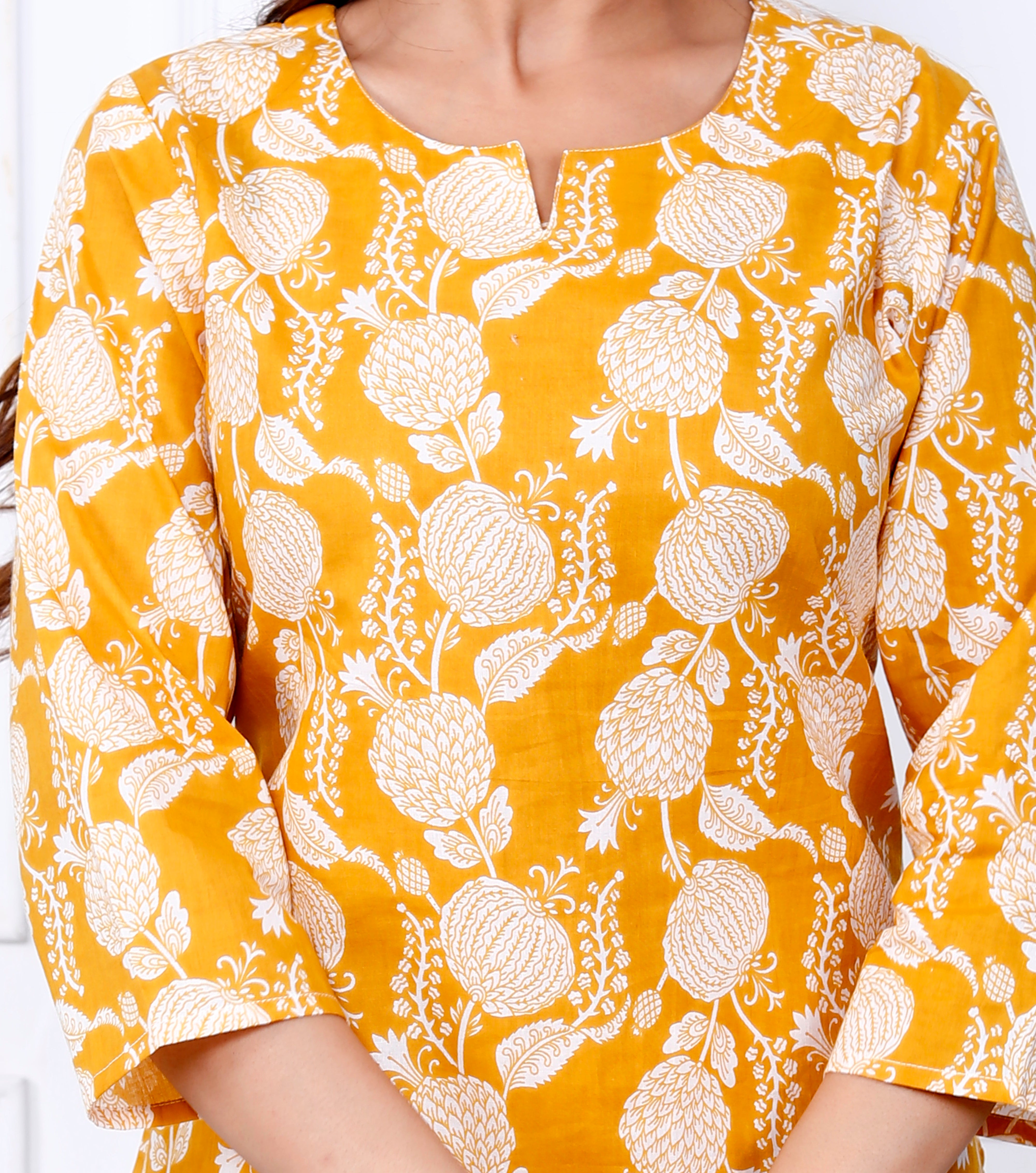 Mustard Cotton Botanical Printed Kurta With Pant