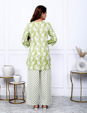 Sage Green Cotton Botanical Printed Kurta With Pant