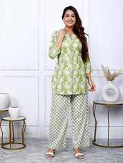 Sage Green Cotton Botanical Printed Kurta With Pant