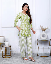 Sage Green Cotton Botanical Printed Kurta With Pant