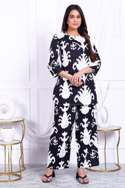 Black Abstract Printed Cotton Short Kurta Set