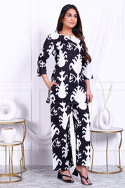 Black Abstract Printed Cotton Short Kurta Set