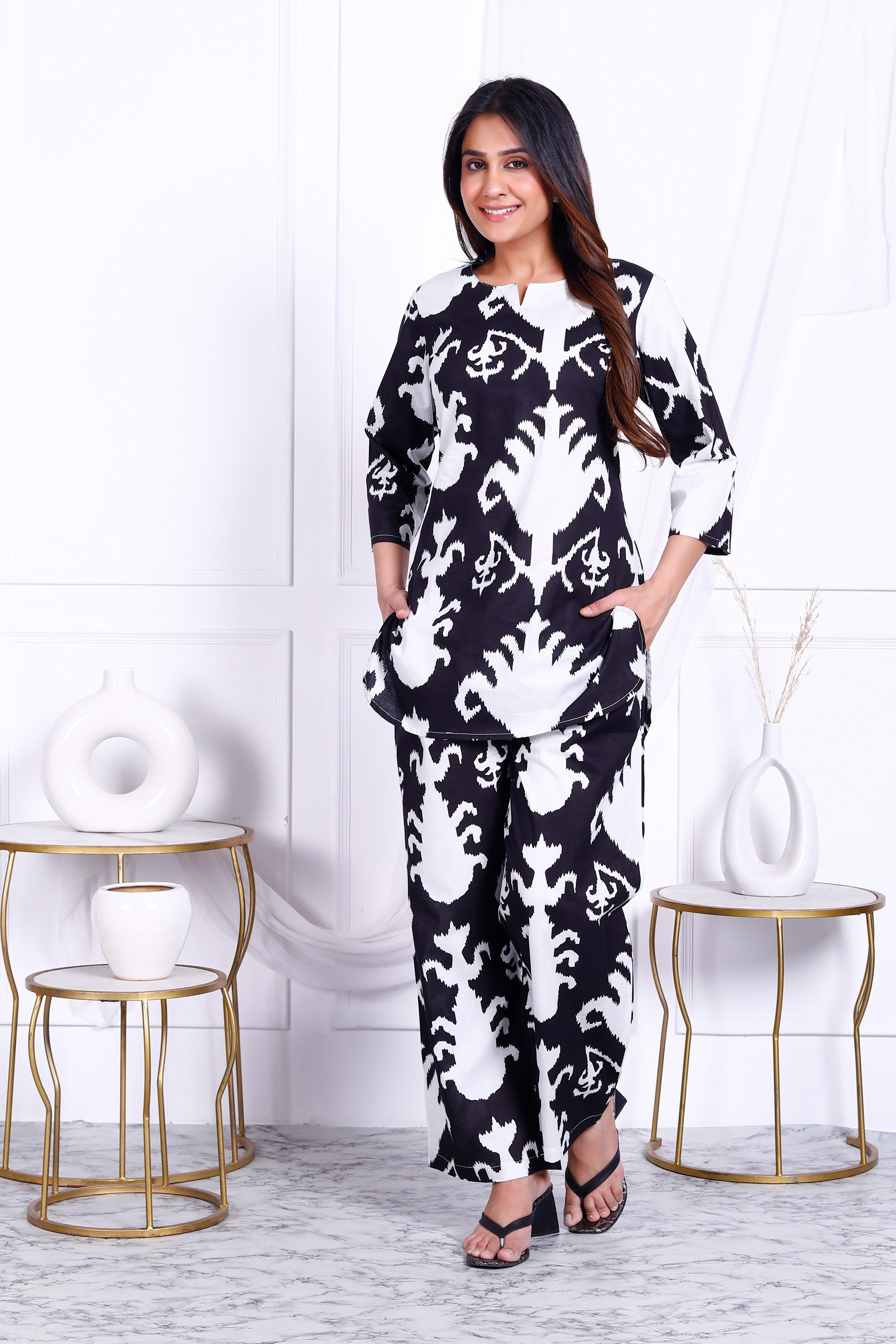 Black Abstract Printed Cotton Short Kurta Set