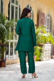 Chitrali Peacock Green Embroidered Muslin Tunic and Trouser Co-Ord Set