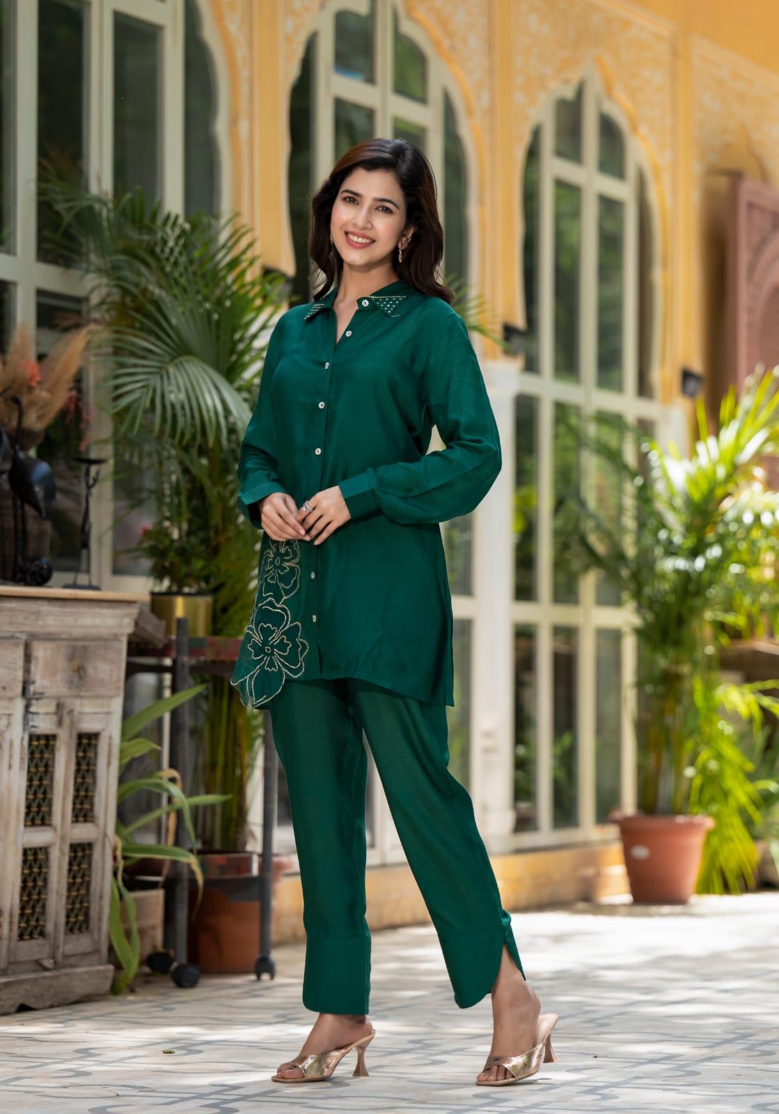 Chitrali Peacock Green Embroidered Muslin Tunic and Trouser Co-Ord Set - Kaftanize