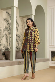 Deep Mustard Crepe Co-ord Set with Mirror Embroidery