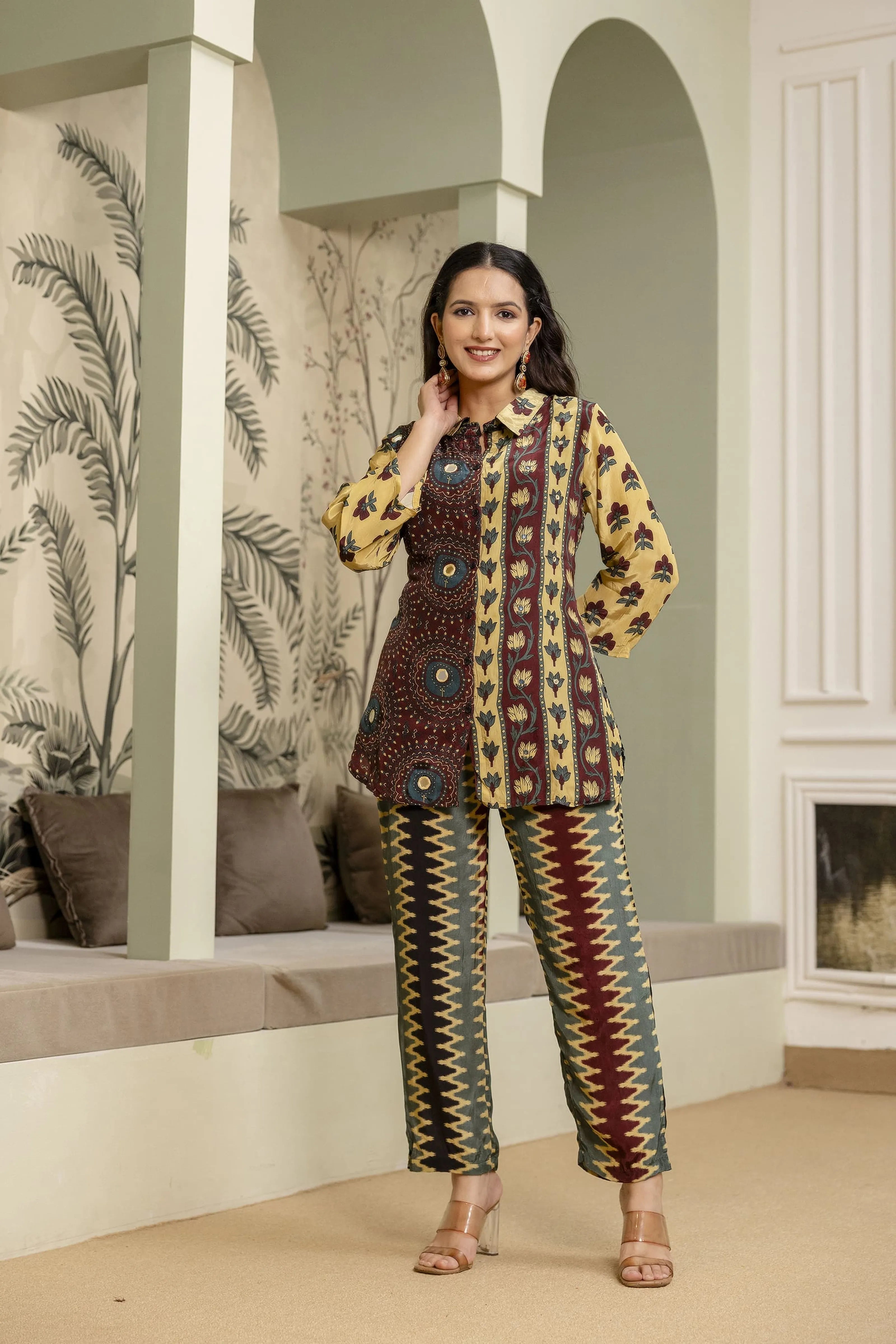 Deep Mustard Crepe Co-ord Set with Mirror Embroidery