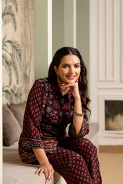 Black & Red Crepe Co-ord Set with Mirror Embroidery