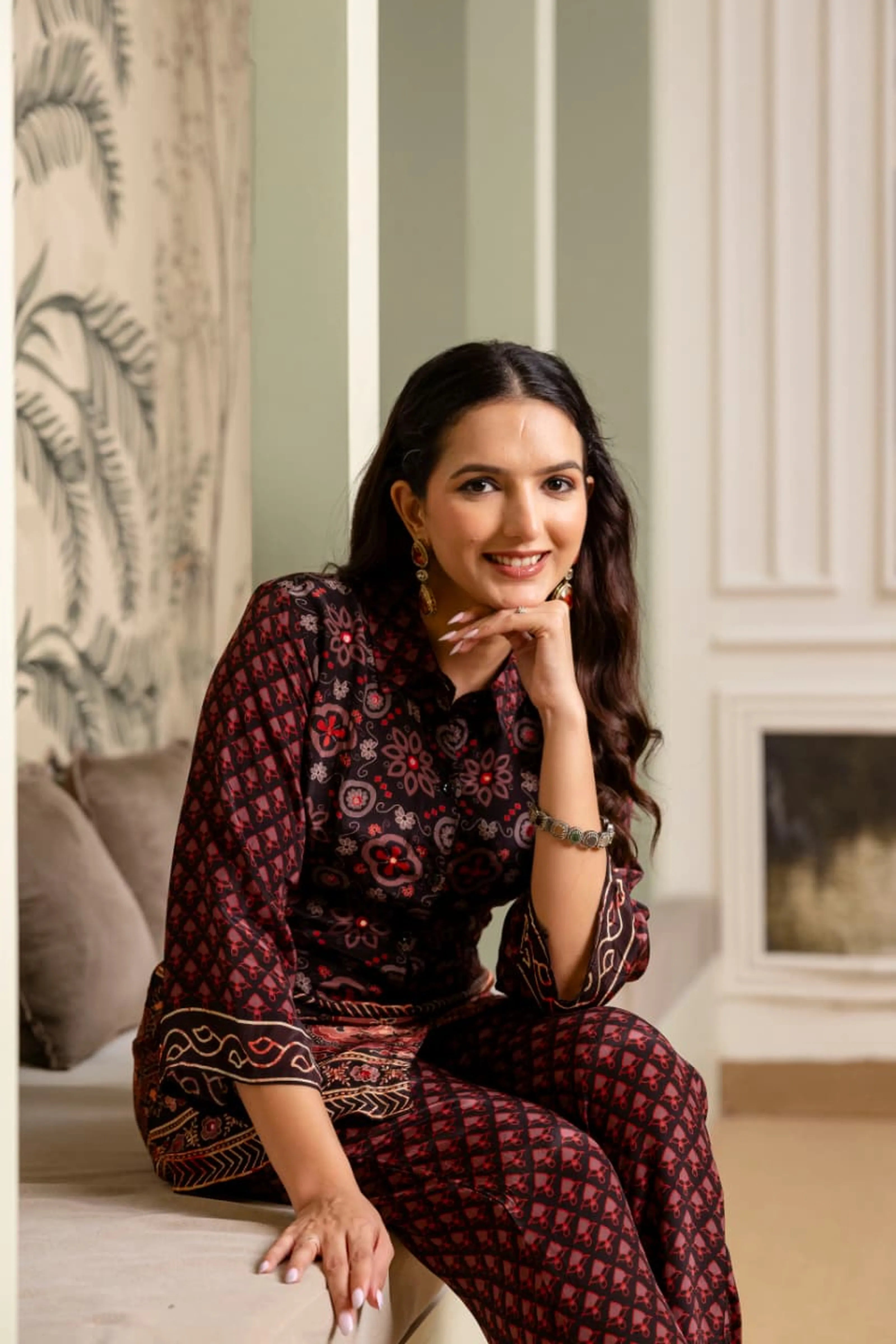 Black & Red Crepe Co-ord Set with Mirror Embroidery