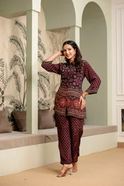 Black & Red Crepe Co-ord Set with Mirror Embroidery