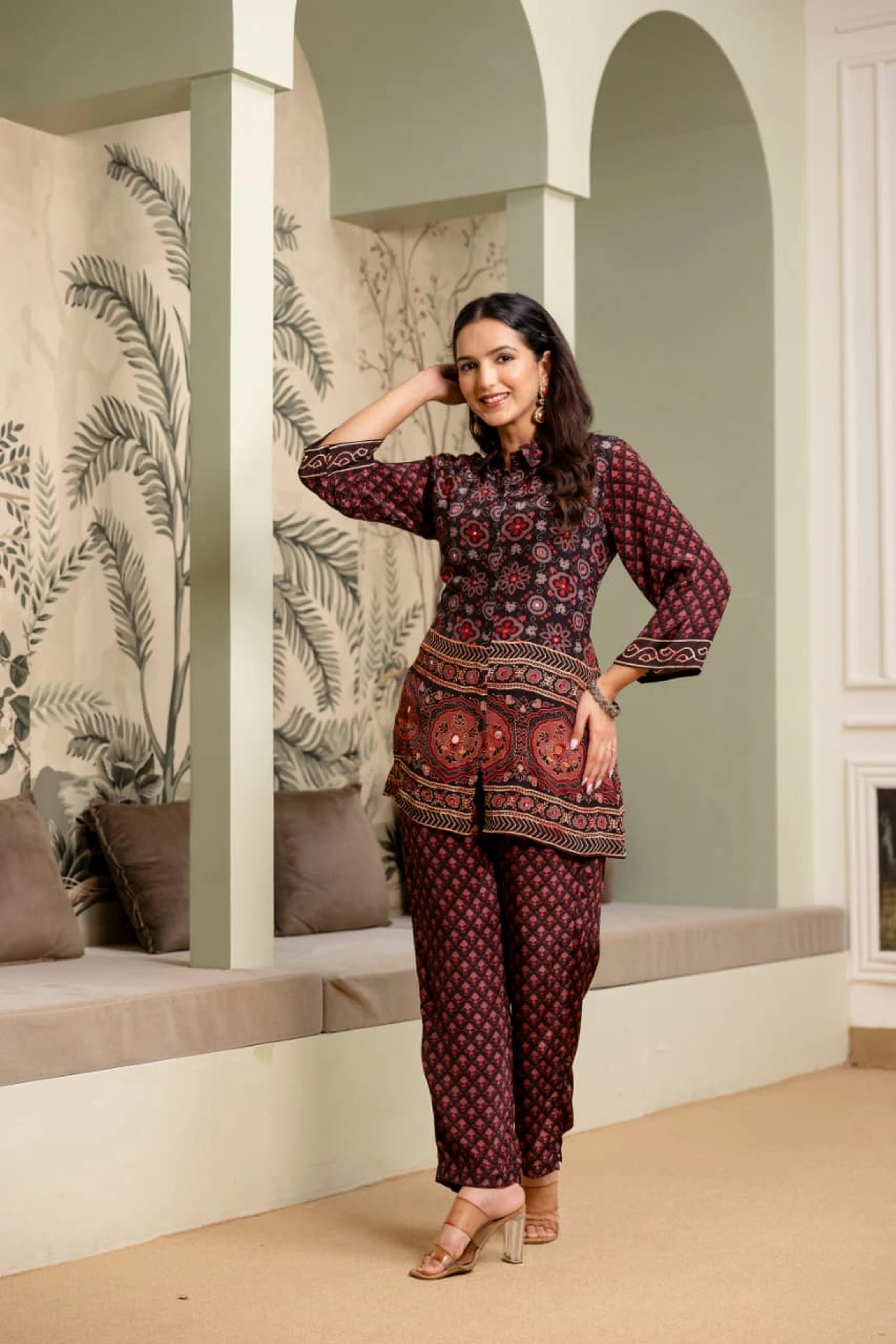 Black & Red Crepe Co-ord Set with Mirror Embroidery