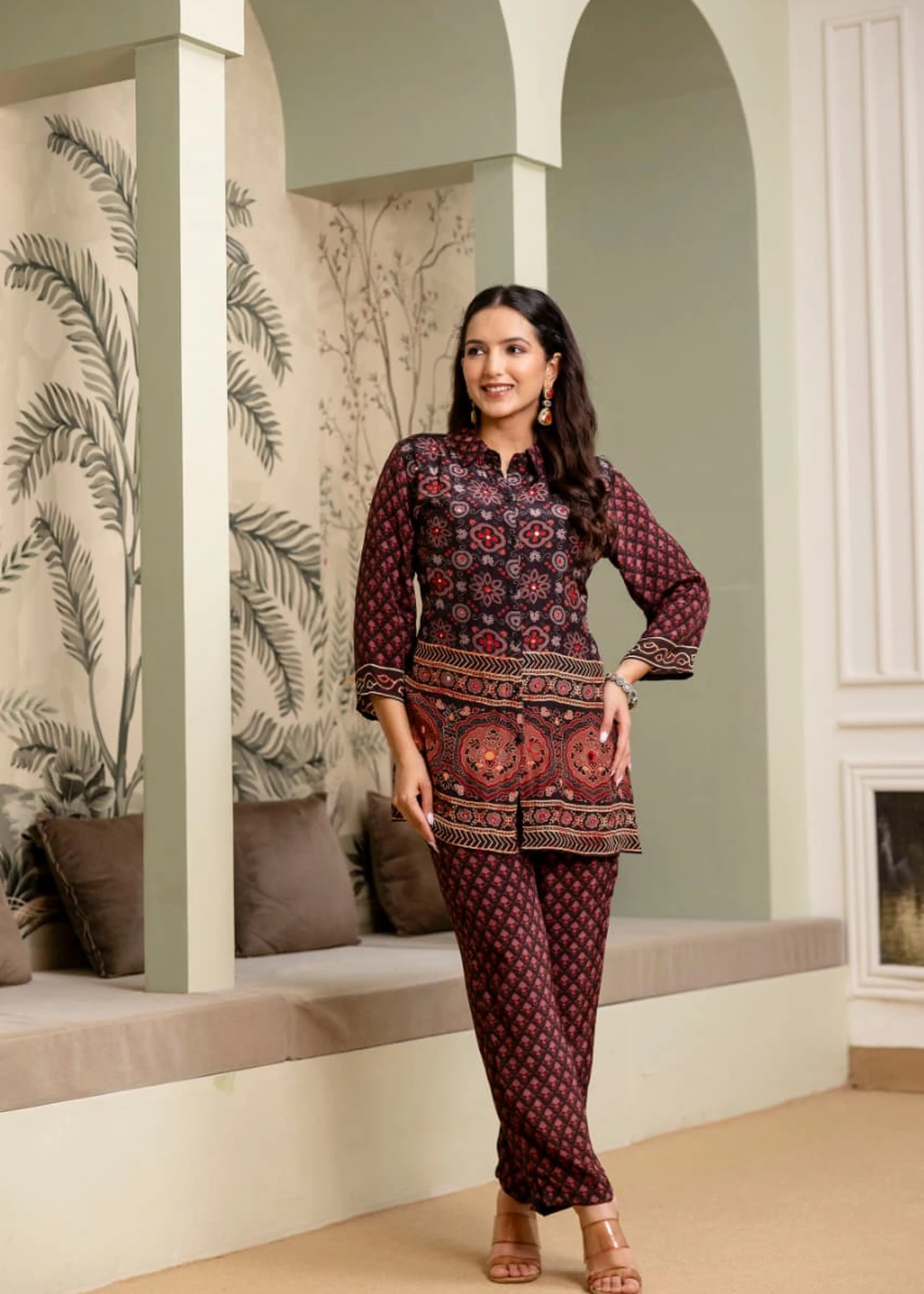 Black & Red Crepe Co-ord Set with Mirror Embroidery