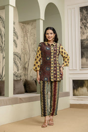 Deep Mustard Crepe Co-ord Set with Mirror Embroidery