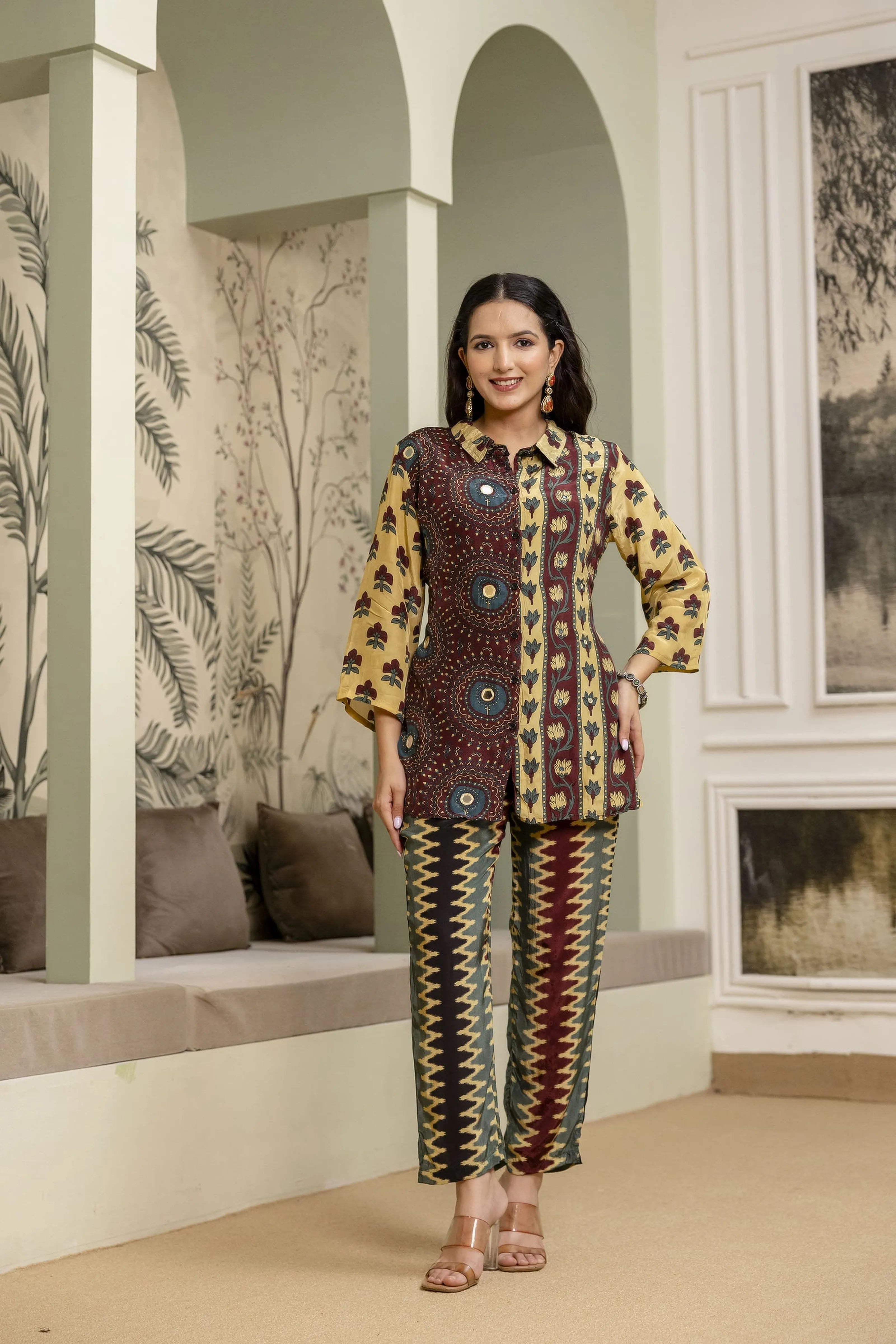 Deep Mustard Crepe Co-ord Set with Mirror Embroidery