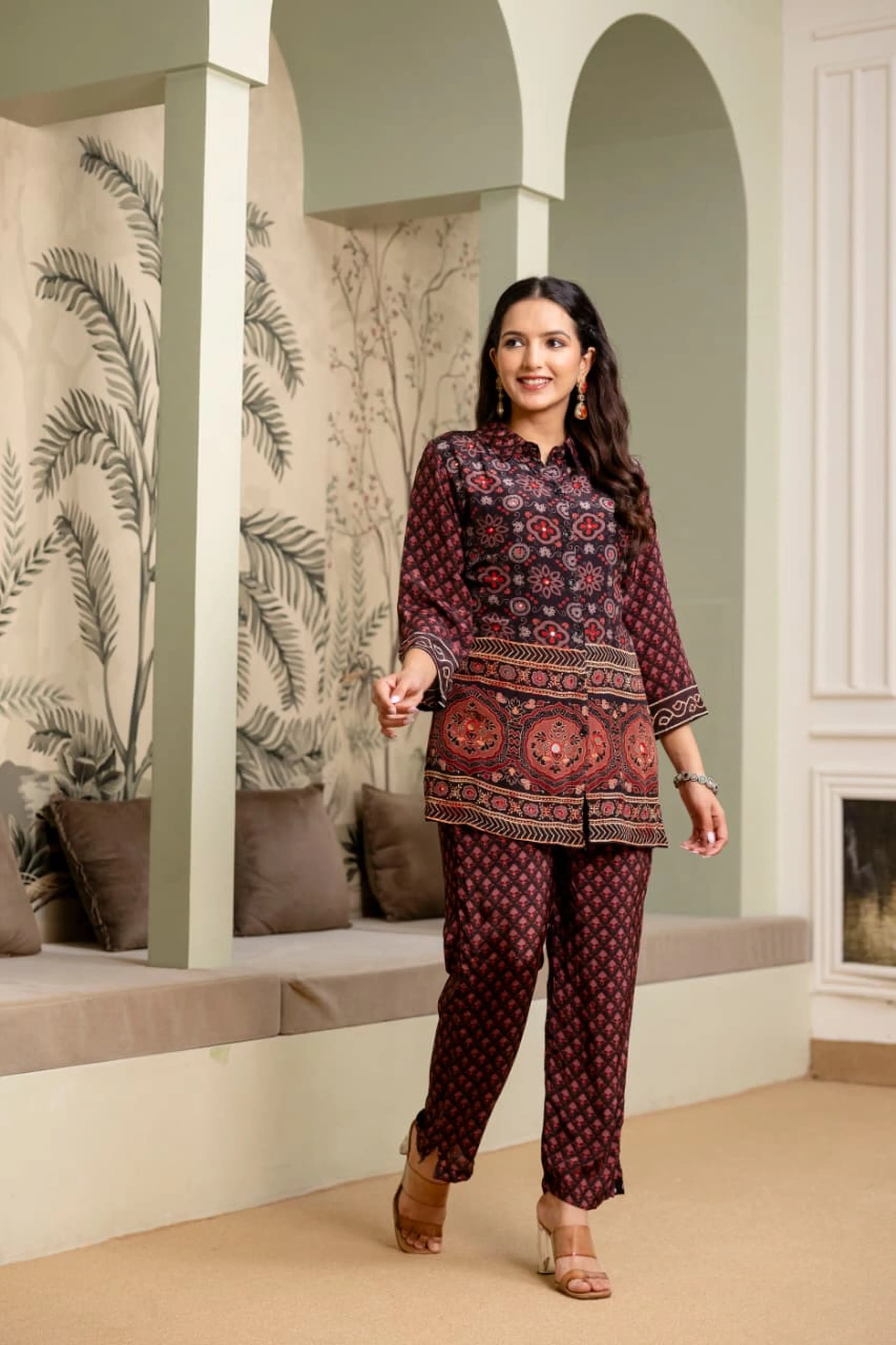 Black & Red Crepe Co-ord Set with Mirror Embroidery