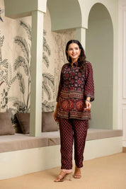 Black & Red Crepe Co-ord Set with Mirror Embroidery