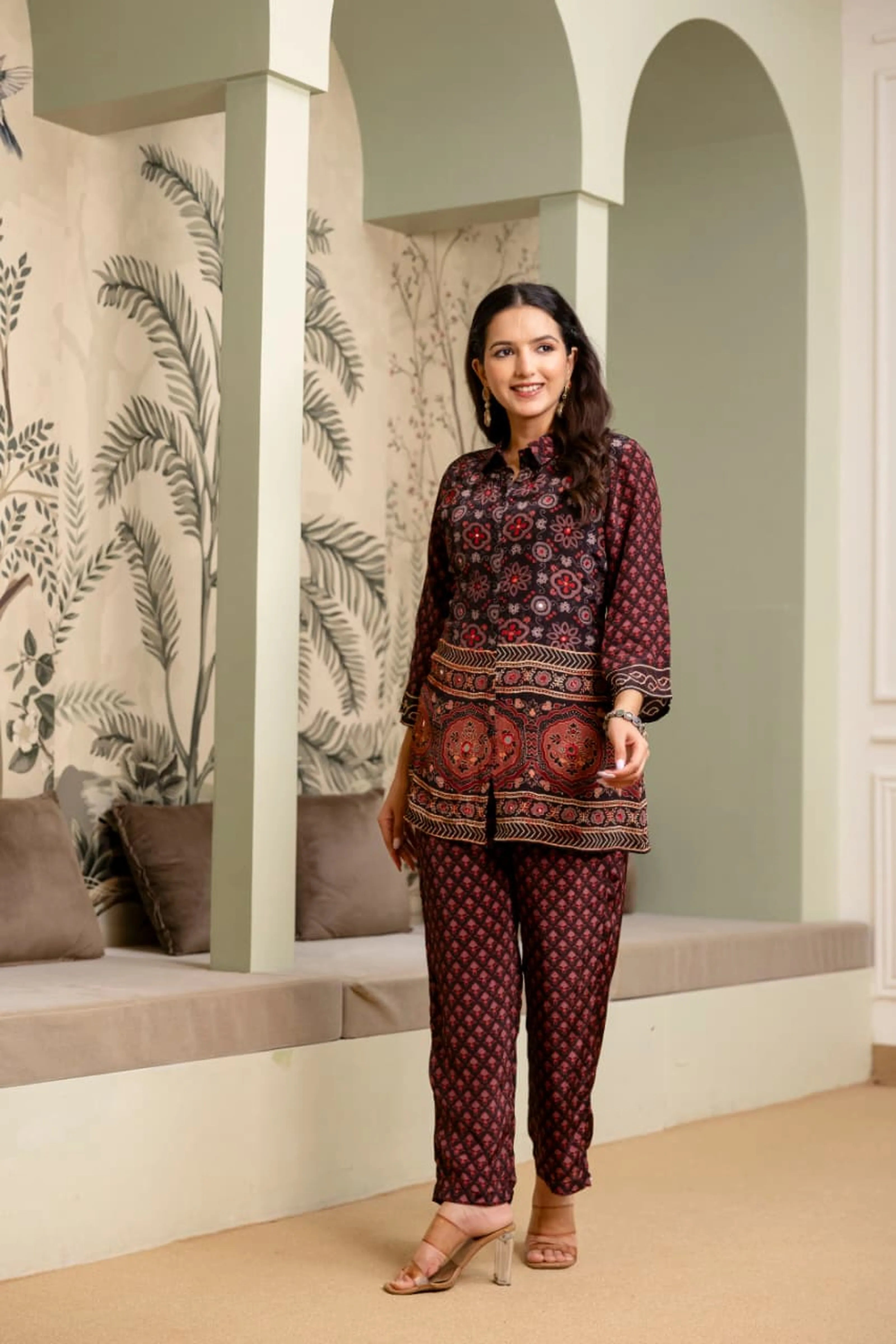 Black & Red Crepe Co-ord Set with Mirror Embroidery