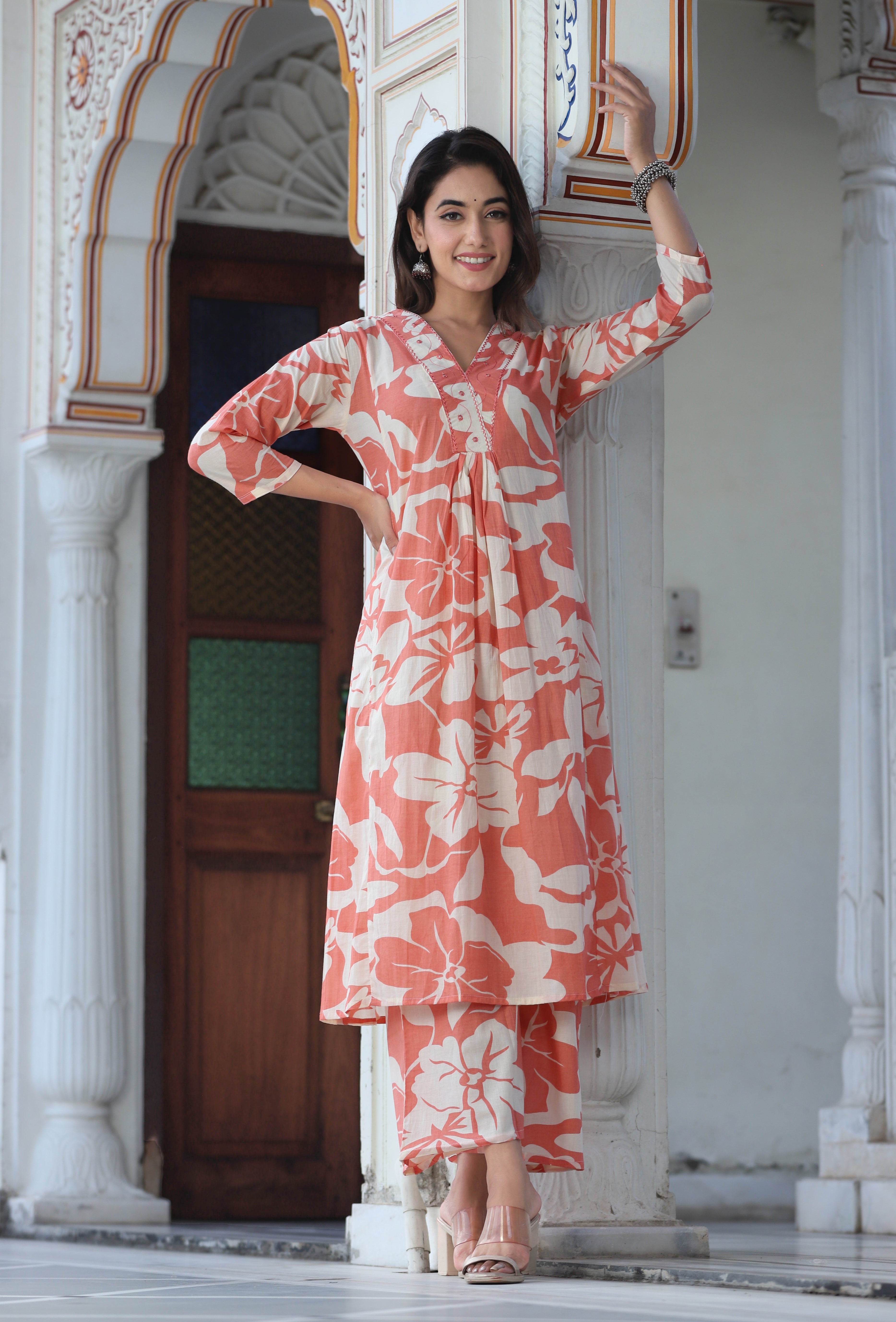 Peach Floral Printed Cotton Co-ord Set