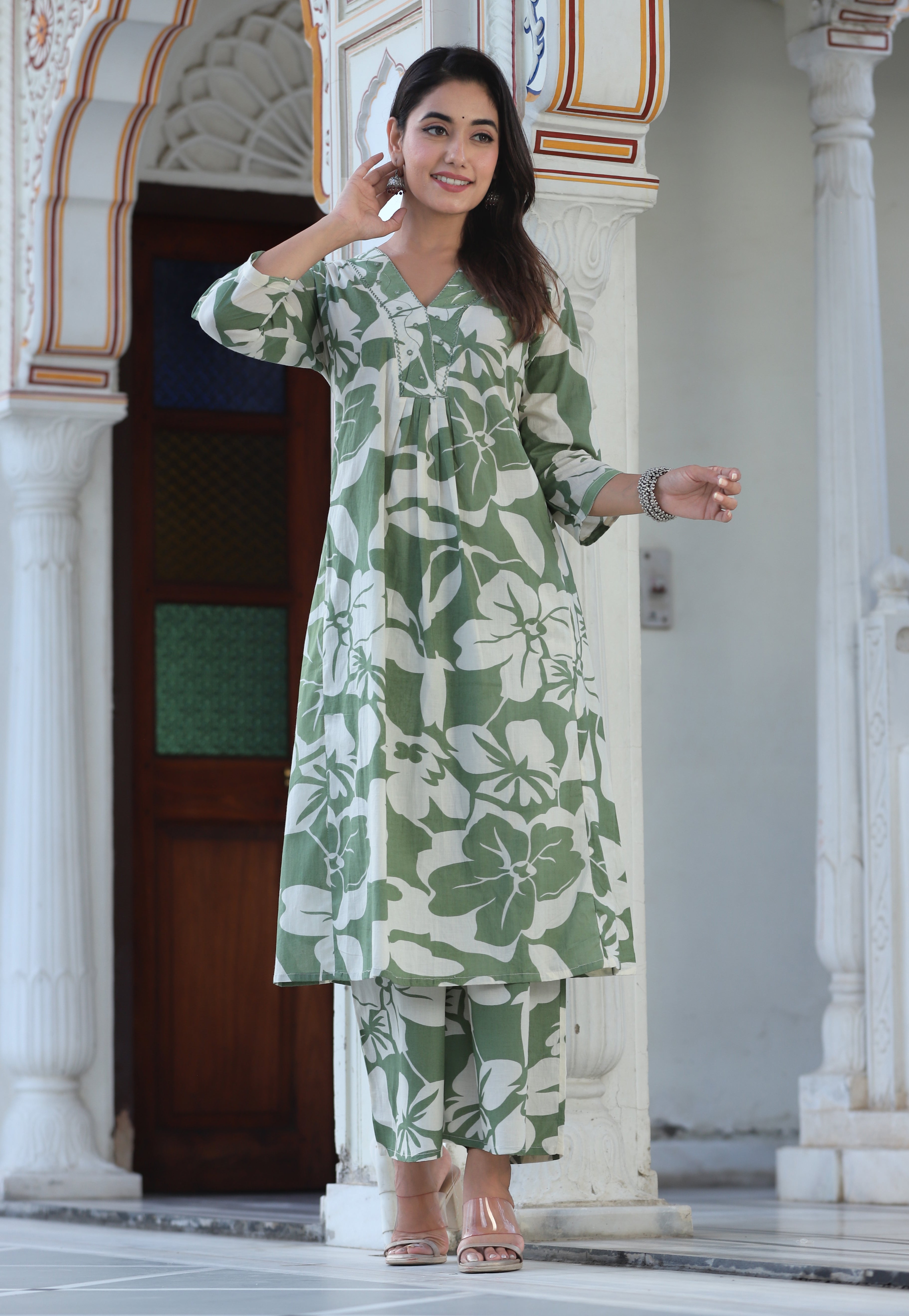 Sage Green Floral Printed Cotton Co-ord Set