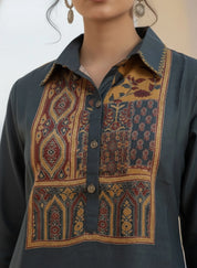 Deep Slate Blue Ajrakh Panel Kurta Set in Muslin