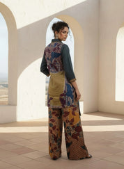 Deep Slate Blue Ajrakh Panel Kurta Set in Muslin