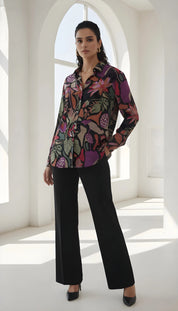 Multicolour Black Base Botanical Print Crepe Shirt