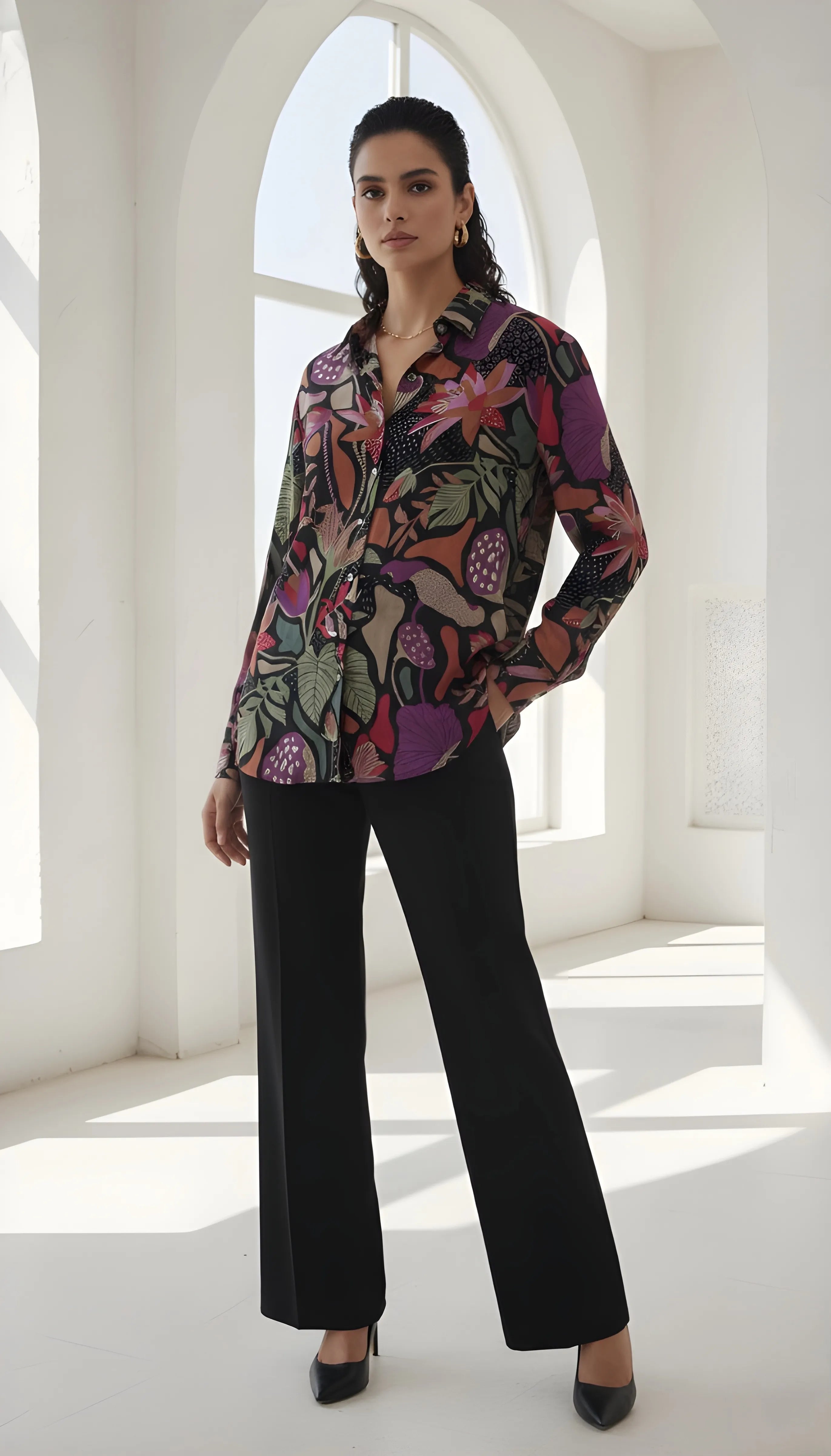 Multicolour Black Base Botanical Print Crepe Shirt