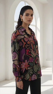 Multicolour Black Base Botanical Print Crepe Shirt