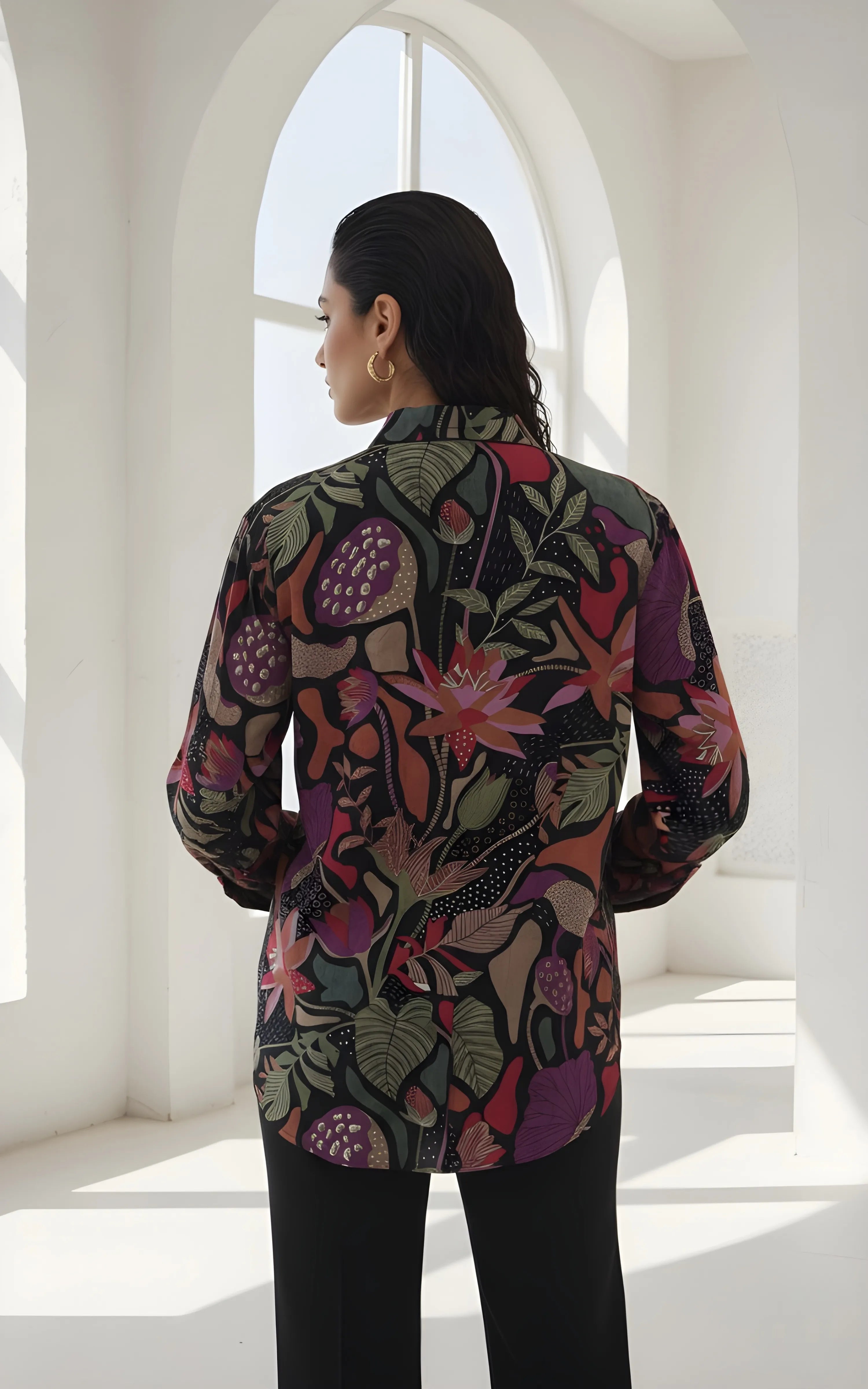 Multicolour Black Base Botanical Print Crepe Shirt