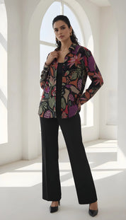 Multicolour Black Base Botanical Print Crepe Shirt