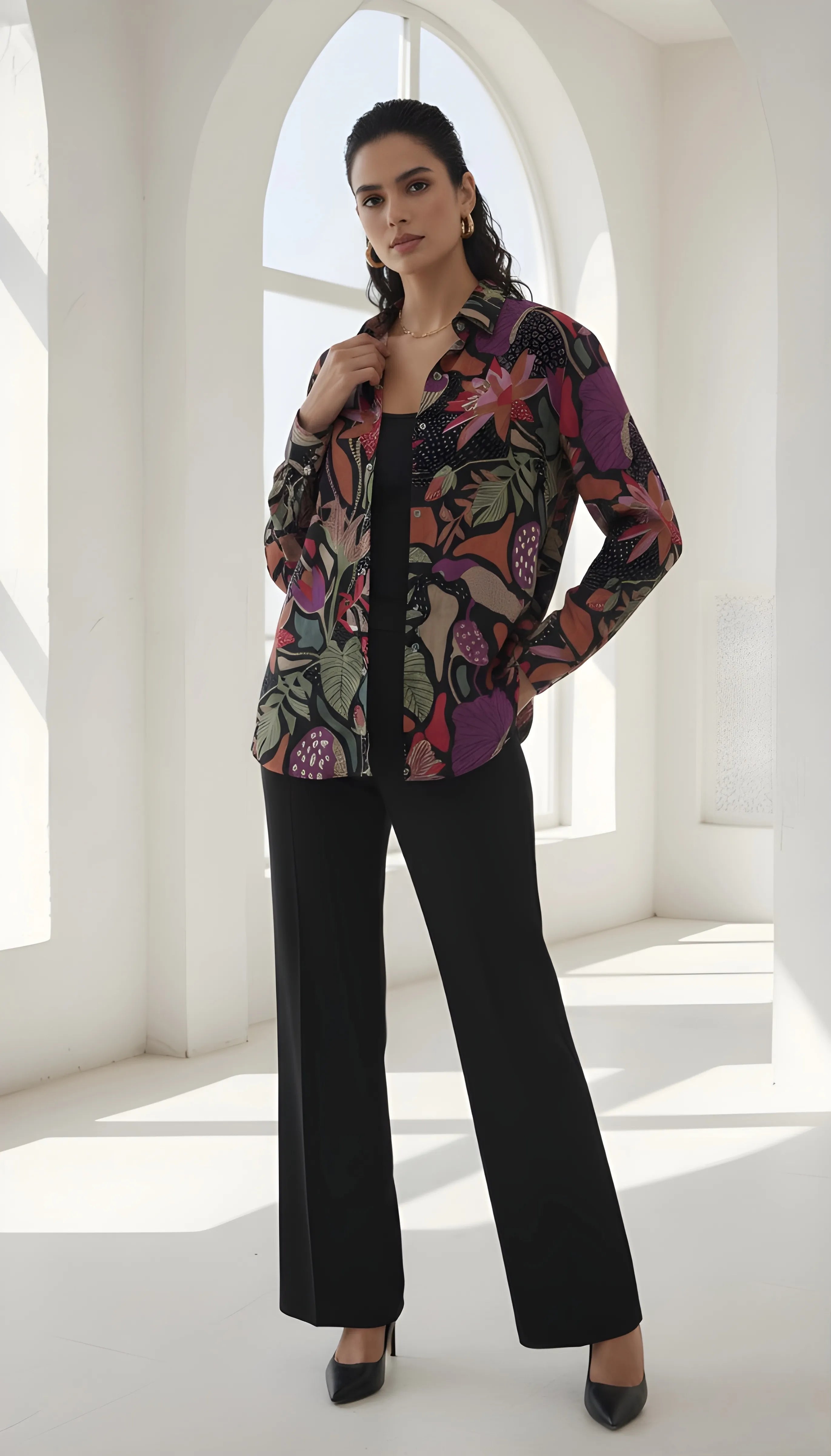 Multicolour Black Base Botanical Print Crepe Shirt