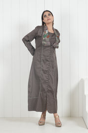 Coffee Brown Flared Dress With Tropical Embroidery On Extended Spread Collar - Kaftanize