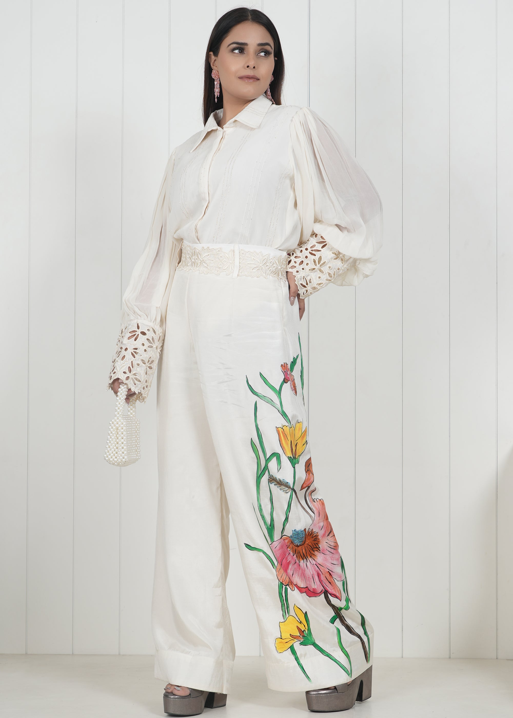 Embroidered Wide Leg Trouser Co-Ord Set With Belt - Kaftanize