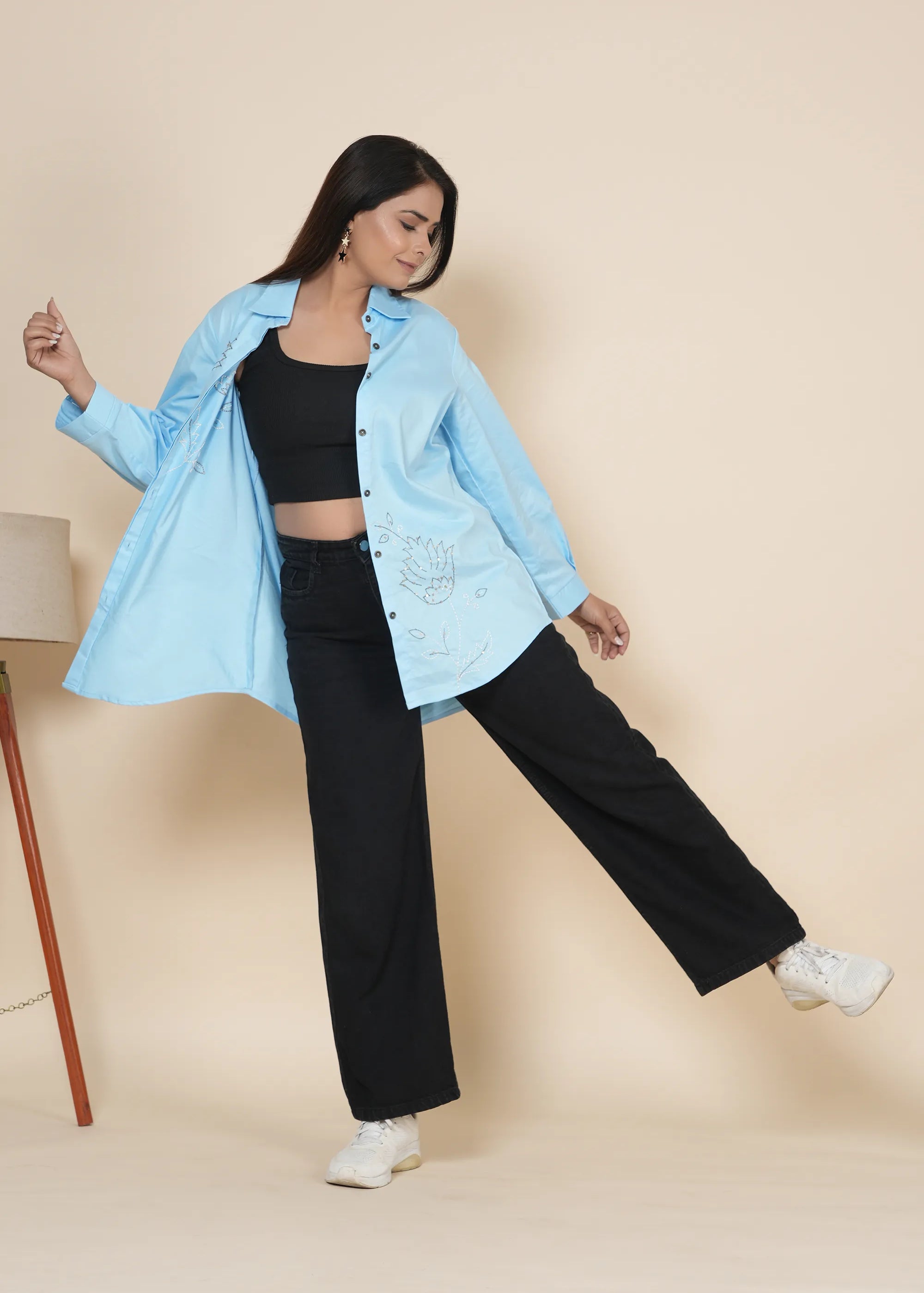 Powder Blue Cotton Twill Shirt with Thread Work Embroidery