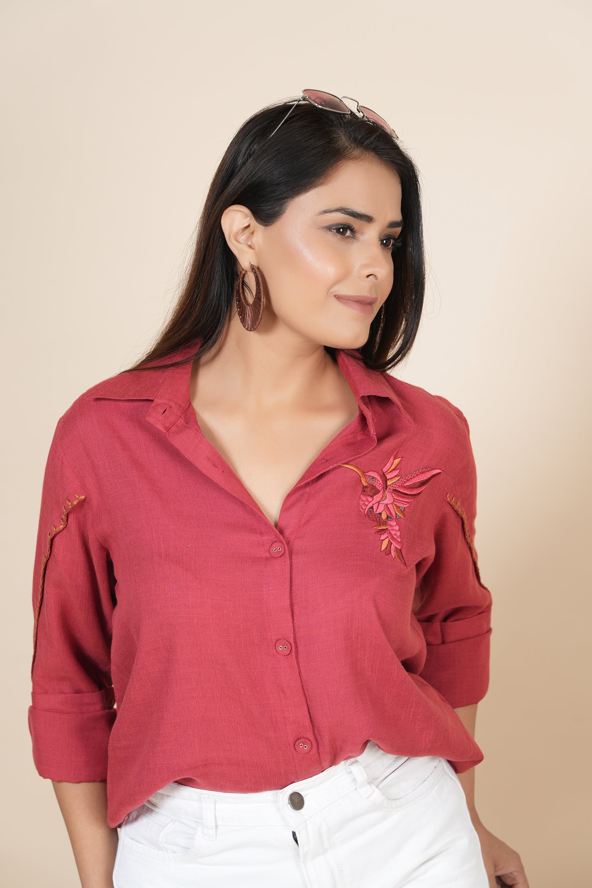 Red Linen Shirt With Thread Work Embroidery - Kaftanize