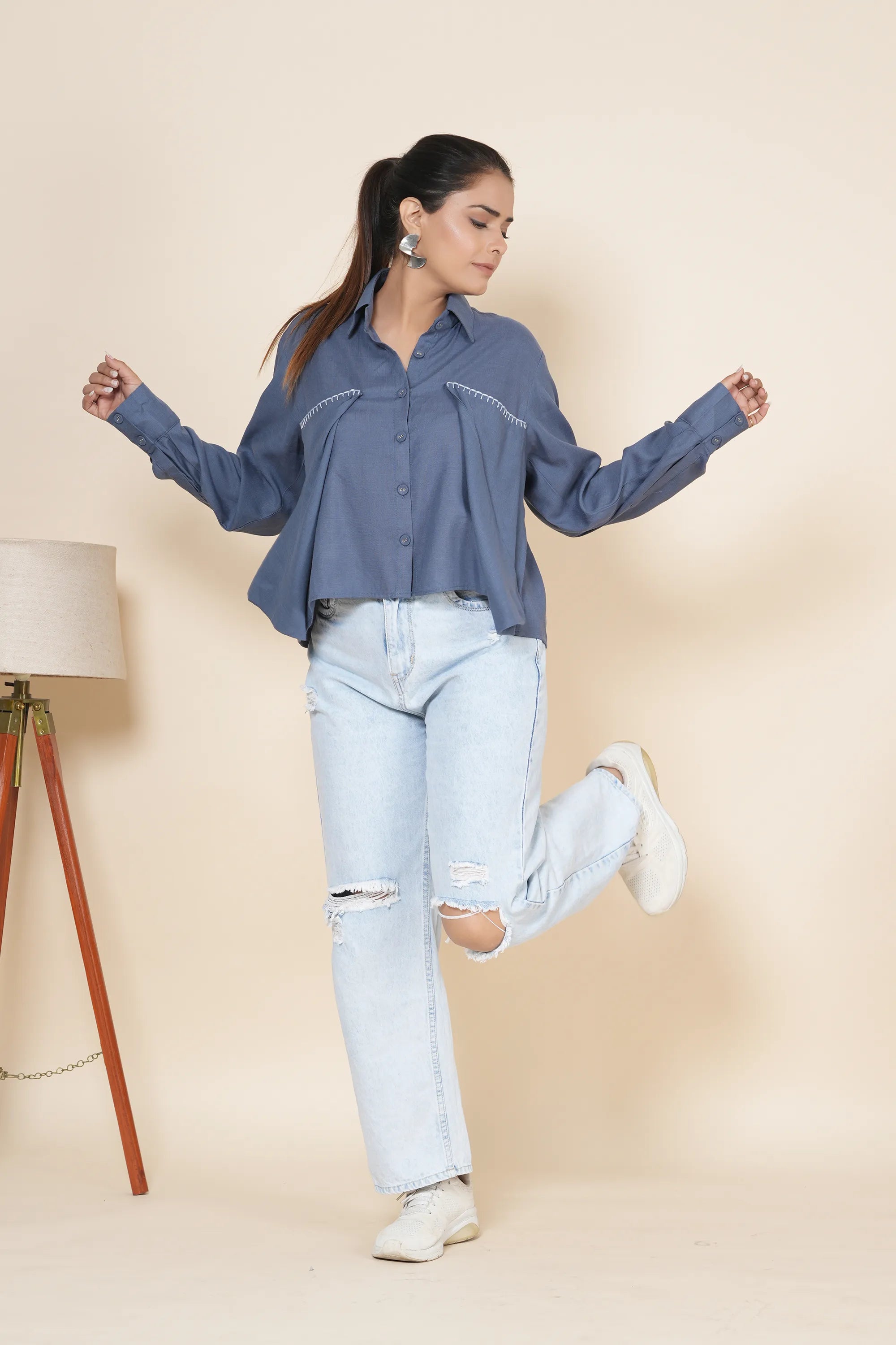 Blue Crop Linen Slit Back Shirt With Thread Work Embroidery