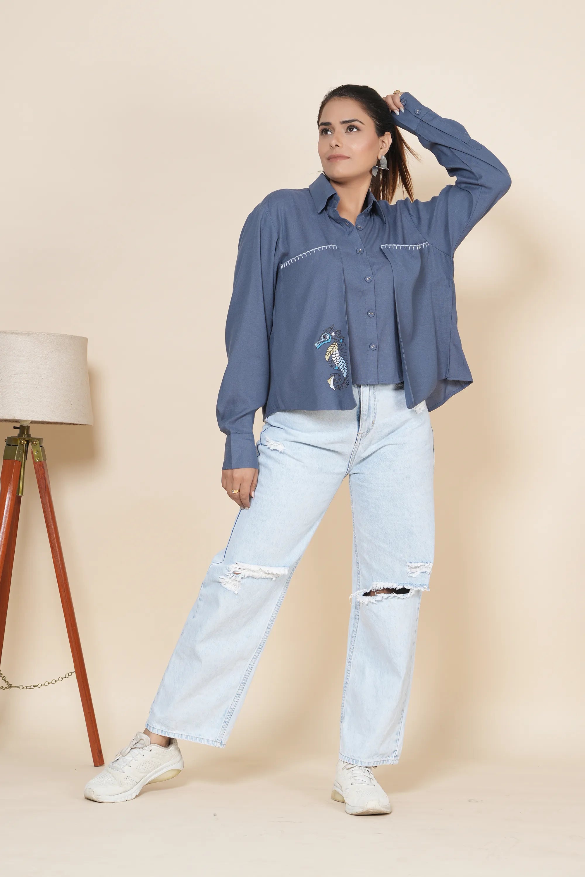 Blue Crop Linen Slit Back Shirt With Thread Work Embroidery