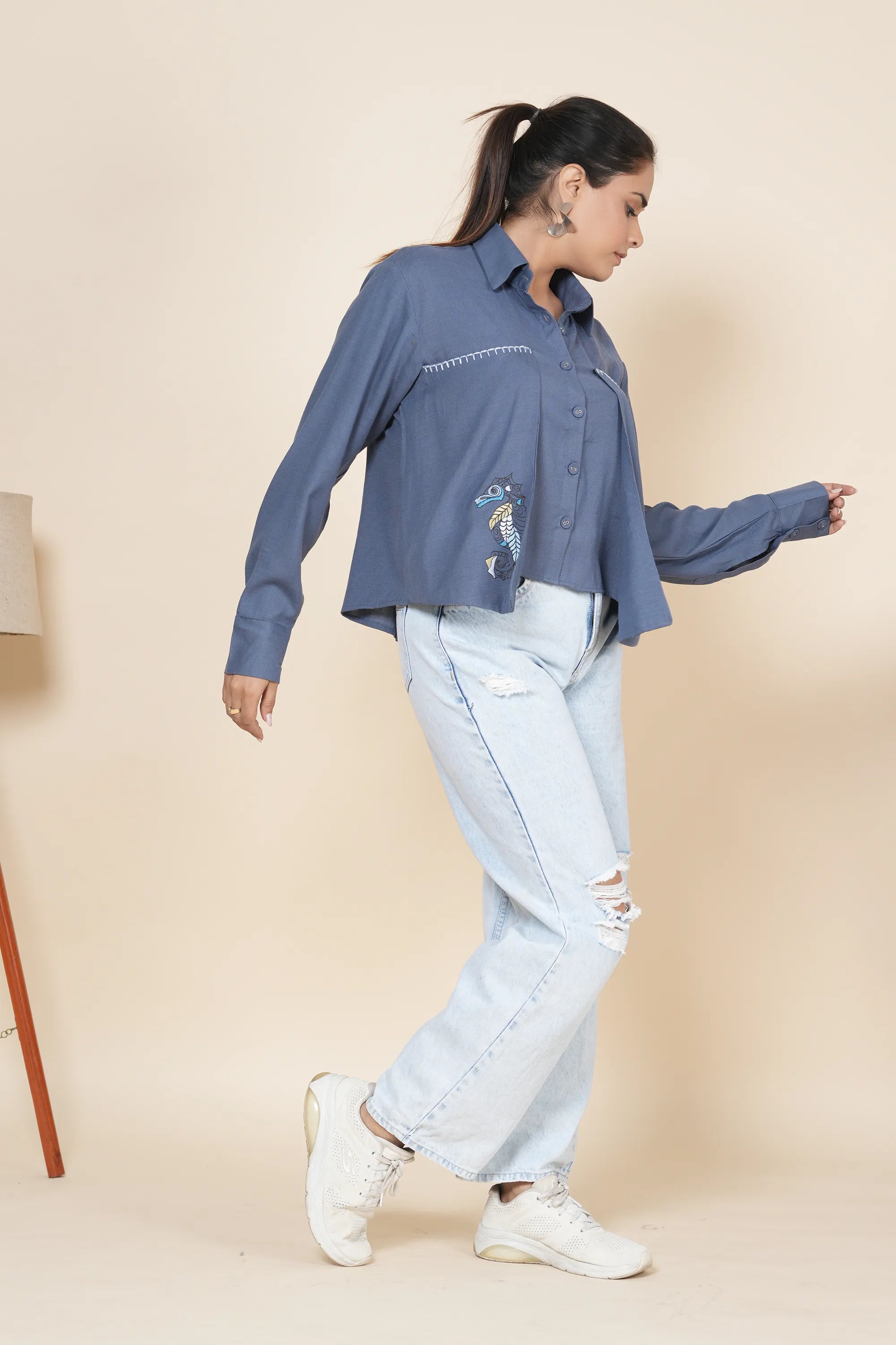 Blue Crop Linen Slit Back Shirt With Thread Work Embroidery