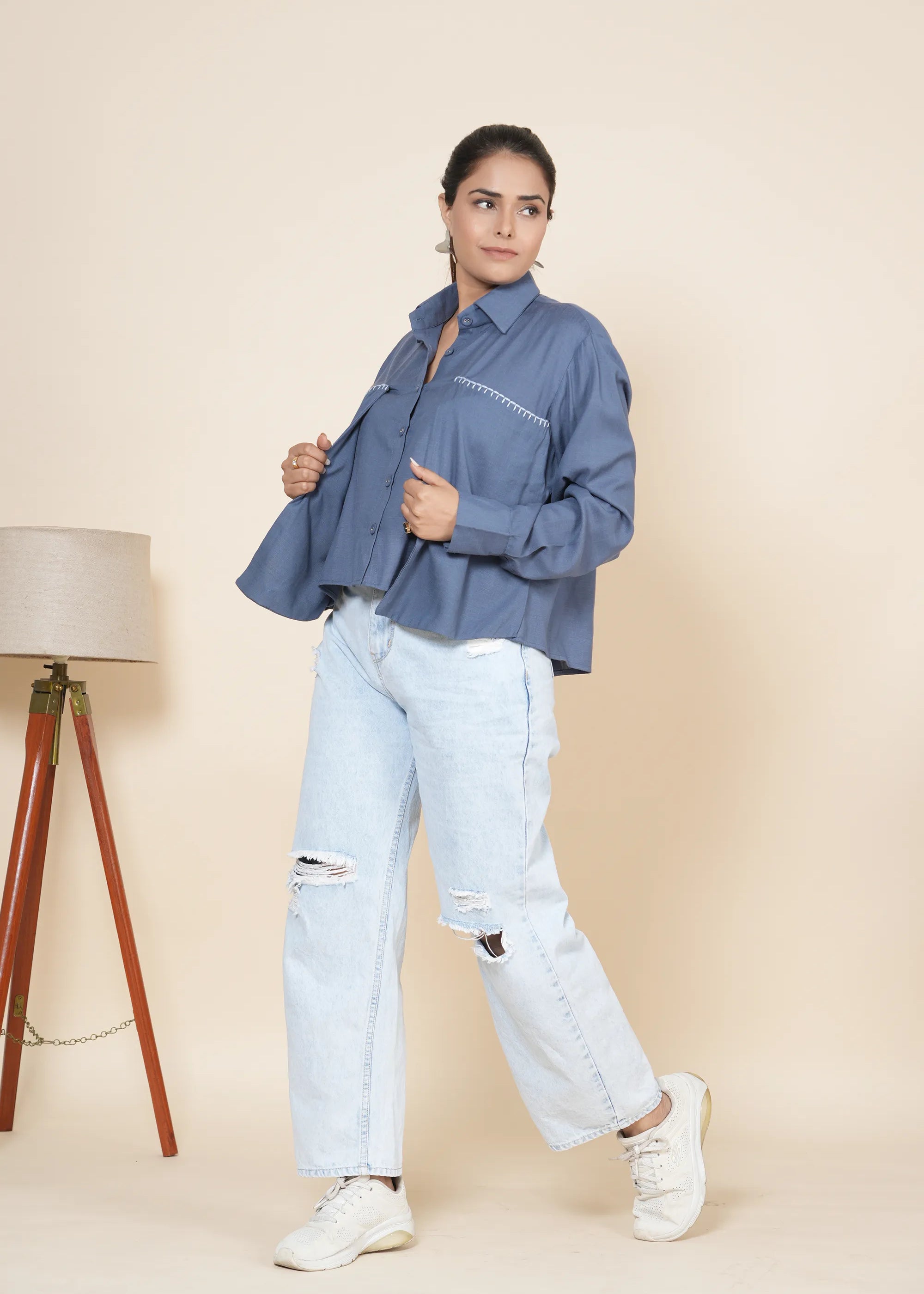 Blue Crop Linen Slit Back Shirt With Thread Work Embroidery