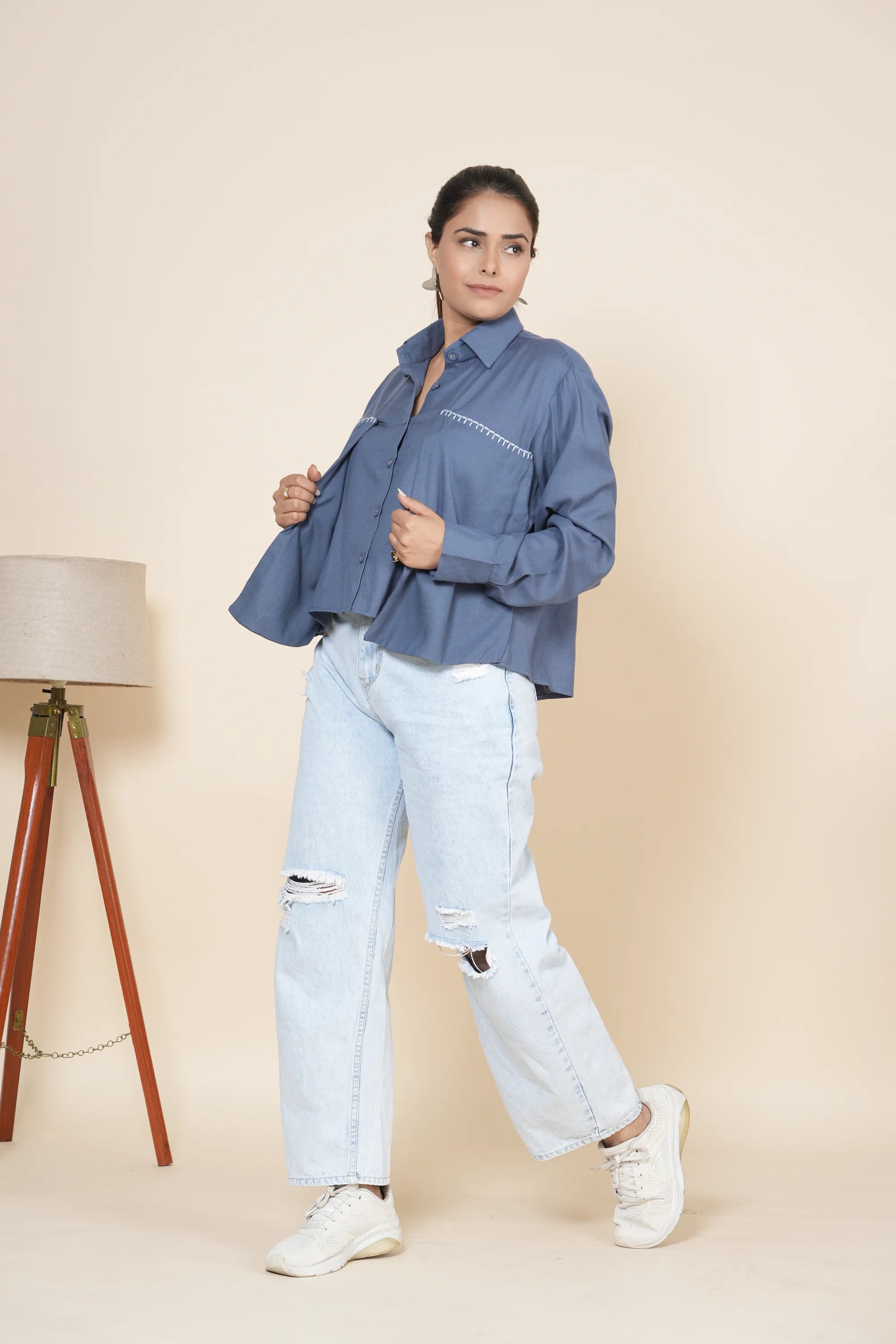Blue Crop Linen Slit Back Shirt With Thread Work Embroidery