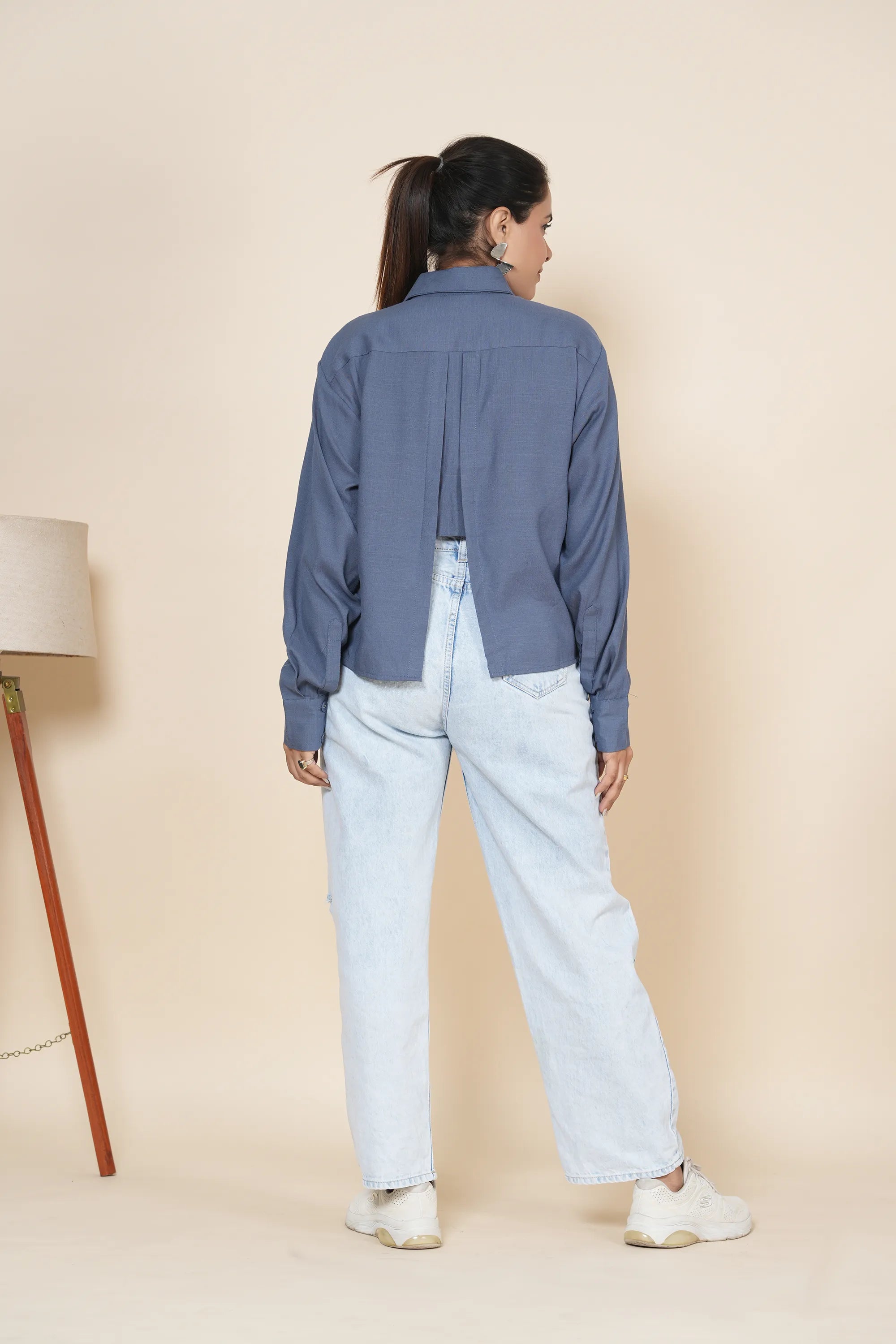 Blue Crop Linen Slit Back Shirt With Thread Work Embroidery