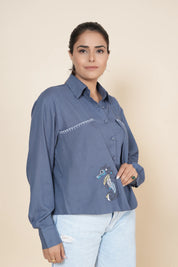 Blue Crop Linen Slit Back Shirt With Thread Work Embroidery