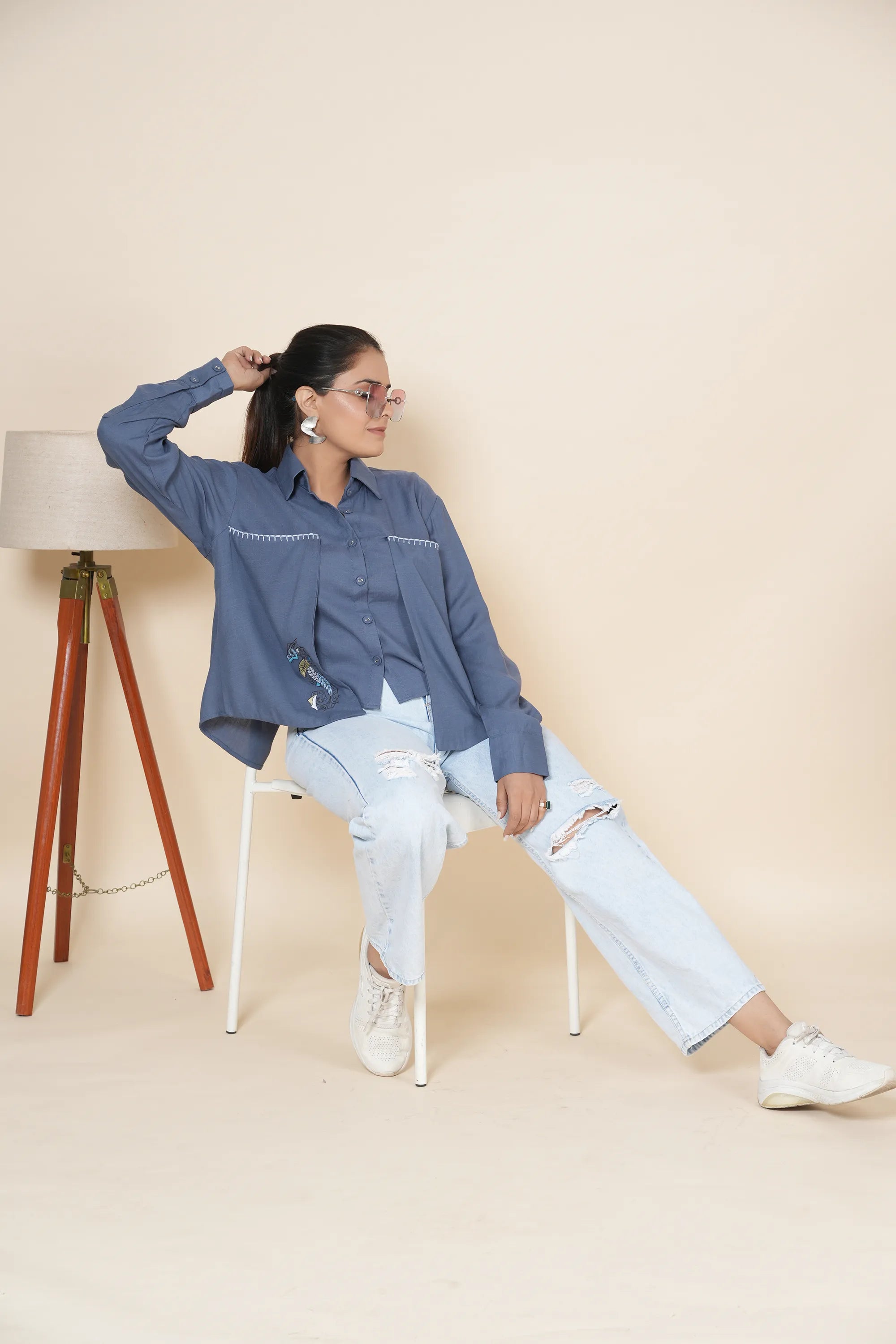 Blue Crop Linen Slit Back Shirt With Thread Work Embroidery